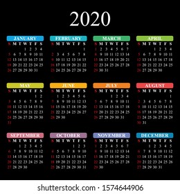Vector calendar for 2020 year on black background. EPS10.