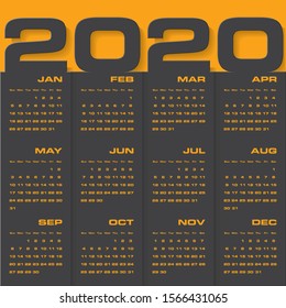 Vector calendar 2020 year template.12 mounts from January-December. Week Starts Sunday. EPS10.