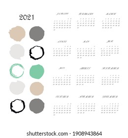 Vector calendar for 2021. All 12 months. Week Starts Sunday. Calendar for 2019 vector template with abstract art pattern.