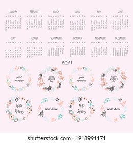 Vector calendar for 2021. All 12 months. Week Starts Sunday. Calendar for 2021 vector template Spring composition 