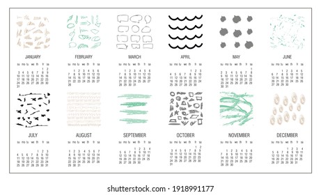 Vector calendar for 2021. All 12 months. Week Starts Sunday. Calendar for 2019 vector template with abstract art pattern.