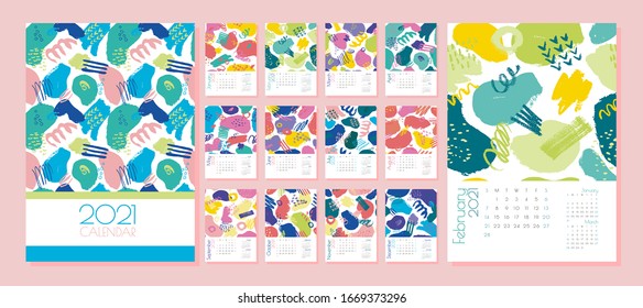 vector calendar for 2021. Editable and printable template with bright abstract elements: paint strokes, stripes, spots, dots. Planner. Set of 12 vertical sheets and a cover.