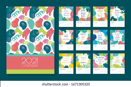 vector calendar for 2021. Editable and printable template with bright abstract elements: paint strokes, stripes, spots, dots and lettering of quotes.Planner. Set of 12 vertical sheets and a cover. 