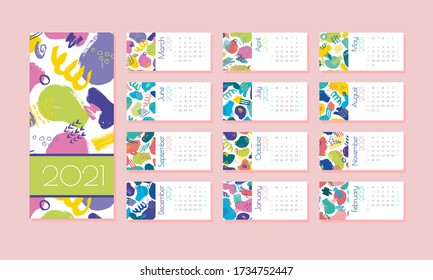 vector calendar for 2021. Editable and printable template with bright abstract elements: paint strokes, stripes, spots, dots. Planner. Set of 12 horizontal sheets and a cover.