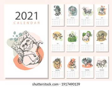 Vector calendar 2021 with funny dog
