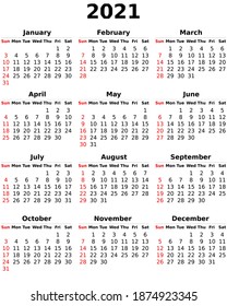 Vector calendar 2021 for planning. Design and template with weeks