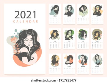Vector calendar 2021 with pretty girl faces illustration.