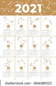 Vector calendar 2021 printable A3 template. Zodiac signs, stars, constellations of golden color. New Year's days. Astrological forecast, horoscope for a single sign.