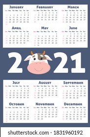 Vector calendar 2021 with symbol of new year. Cute bull or cow on blue background. 12 months on one page. A4 format for print. Week starts from Sunday. 