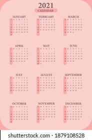 Vector calendar 2021. Wall Calendar Template.