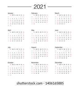 Vector calendar for 2021 year. Day planner the scheduler in this minimalist for print on a white background. week start on Sunday