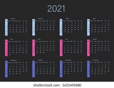 Vector calendar for 2021 year. Day planner the scheduler in this minimalist for print on a black background. Vector