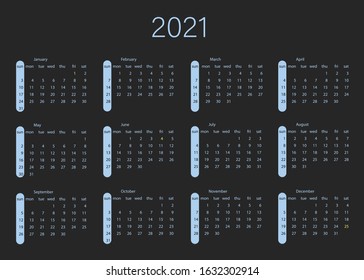 Vector calendar for 2021 year. Day planner the scheduler in this minimalist for print on a black background. Vector illustration