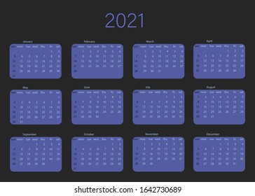 Vector calendar for 2021 year. Day planner the scheduler in this minimalist for print on a black background. Vector