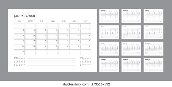 Vector calendar for 2021 year. Day planner the scheduler in this minimalist for print on a white background. Calendar planner set for template corporate design week start on Sunday