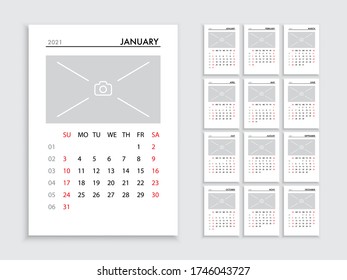 Vector calendar for 2021 year. Day planner the scheduler in this minimalist for print on a white background. Calendar planner corporate design week start on Sunday. Calendar with space for photos