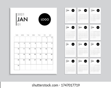 Vector Calendar For 2021 Year. Day Planner The Scheduler In This Minimalist For Print On A White Background. Calendar Planner Set For Template Corporate Design Week Start On Sunday