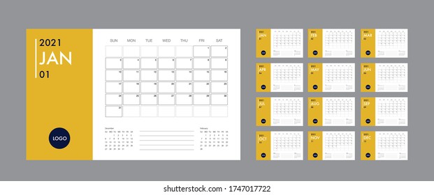 Vector calendar for 2021 year. Day planner the scheduler in this minimalist for print on a white background. Calendar planner set for template corporate design week start on Sunday