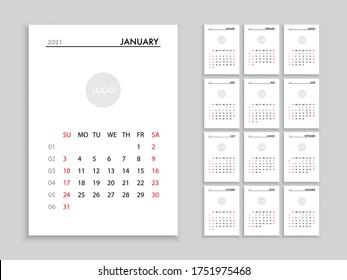 Vector calendar for 2021 year. Day planner the scheduler in this minimalist for print on a white background. Calendar planner set for template corporate design week start on Sunday