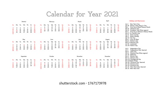 Vector calendar for 2021 year. Day planner the scheduler in this minimalist for print on a white background.