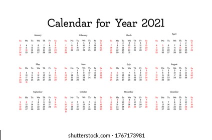 Vector calendar for 2021 year. Day planner the scheduler in this minimalist for print on a white background.