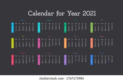 Vector calendar for 2021 year. Day planner the scheduler in this minimalist for print on a dark background.