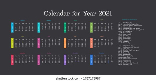 Vector calendar for 2021 year. Day planner the scheduler in this minimalist for print on a dark background.