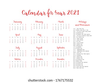 Vector calendar for 2021 year. Day planner the scheduler in this minimalist for print on a white background.