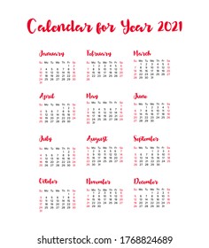 Vector calendar for 2021 year. Day planner the scheduler in this minimalist for print on a white background.