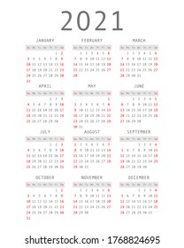 Vector calendar for 2021 year. Day planner the scheduler in this minimalist for print on a white background.