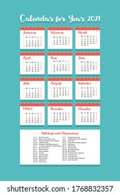 Vector calendar for 2021 year. Day planner the scheduler in this minimalist for print on a white background.