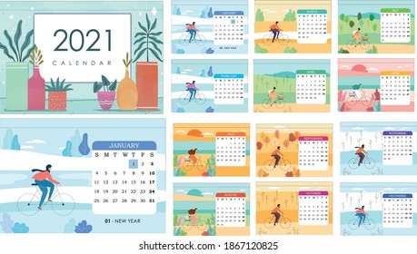 Calendario de vectores para 2021 año.  El planificador del calendario establecido para la semana de diseño corporativo de la plantilla comienza en 
