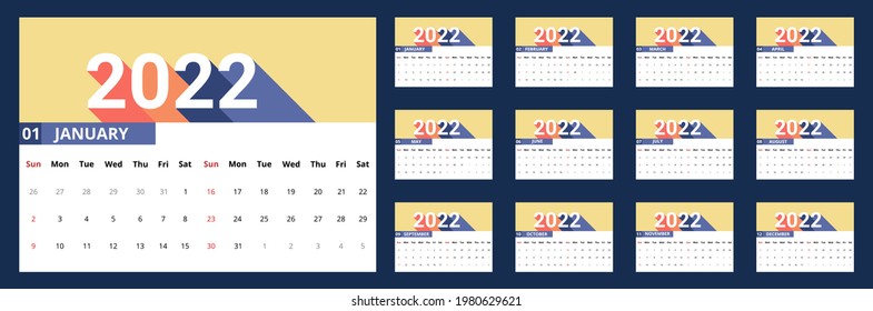 Vector Of Calendar 2022. 2022 Calender With Retro Design. Desk Calendar With Sunday As Weekend. Week Start On Sunday. Set Of 12 Month Template. Good For Planner, Daily Log, Schedule, Organizer ,etc.