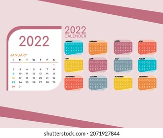 vector of calendar 2022. 2022 calender with retro design. desk calendar with sunday as weekend. week start on sunday. set of 12 month template. good for planner, daily log, schedule, organizer ,etc.