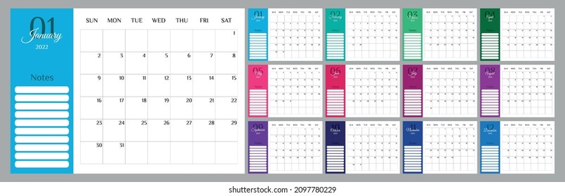 Vector Calendar 2022 template planner. Colorful planner 2022 with calendar. Vector illustration. Blank white notebook page A4. Printable template. Week Starts on Sunday