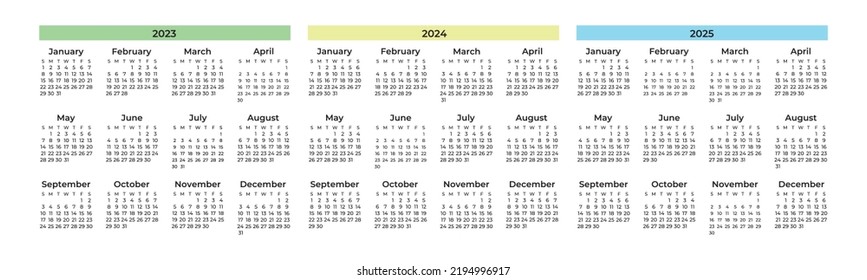 
vector calendar for 2023, 2024 and 2025. layout. figures. simple calendar. months, weeks and days