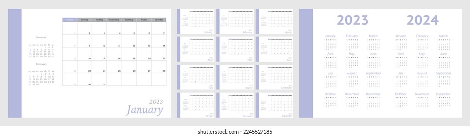 Vector calendar for 2023 and 2024. The week starts on Sunday. Wall calendar in a minimalist style on a light gray background. In purple color.