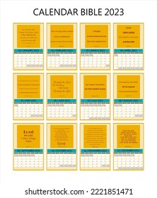 Vektorkalender 2023 mit Bibeltexten.  mit wöchentlichem Fahrplan ab Sonntag. Mit den Farben Gelb, Rot und Blau