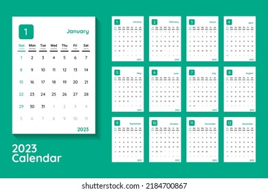 plantilla de calendario 2023. Calendario de pared 2023 con diseño mínimo.verde como color principal. la semana comienza el domingo. domingo como fin de semana.plantilla de 12 páginas calender mensual.bueno para horario, planificador, diario, etc.