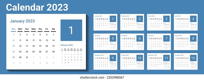 2023 Kalender mit einfachem Design und Nächster Monat Kalender jeder Seite.2023 Schreibtischkalender mit Woche beginnt am sonntag.sunday als Wochenende.Gut für den täglichen Login, Business, Plan, Planer, etc.