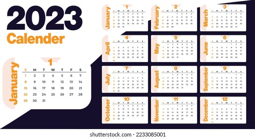 vector of calendar 2023. 2023 calender with retro design. desk calendar with sunday as weekend. week start on sunday. set of 12 month template. good for planner, daily log, schedule, organizer ,etc.
