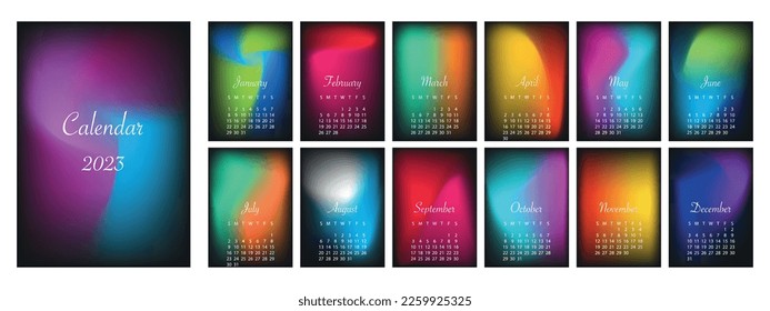 Calendario de vectores para 2023. Con un degradado de color sobre un fondo negro. La semana empieza el domingo.