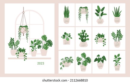 Calendario vectorial 2023 con portada e ilustraciones de plantas domésticas en macetas.