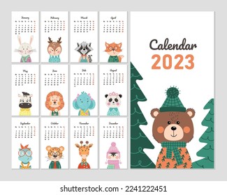 Vector calendar for 2023 with cute animals in a flat style