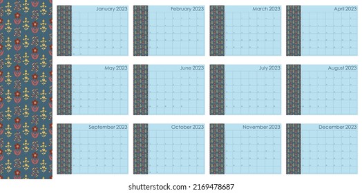 Vector calendar 2023 for each month with notes. Ornaments, folk, Scandinavia.	
