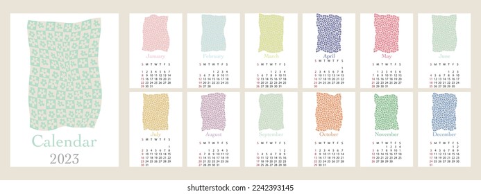 Vector calendar for 2023. Floral pattern. Calendar in the style of minimalism square shape. The week starts on Sunday. A bright calendar in the style of y2k.