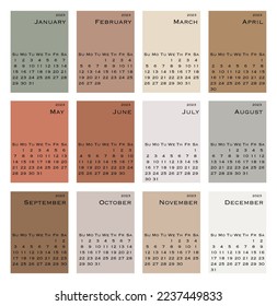 Vector calendar for 2023. Gentle design in brown tones. A set of pages for the 12 months of 2023. Vector illustration. The week starts on Sunday.