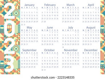 Vector. Calendar 2023. Geometric pattern. Retro colors, vintage, shapes. Circles, squares, triangles.	
