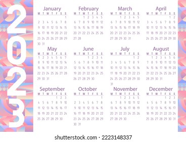 Vector. Calendar 2023. Geometric pattern. Neon, holography, gradient, shapes. Circles, squares, triangles.	
