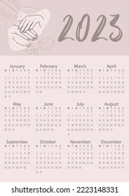 Vector. Calendar 2023. Pastel colors, flowers, people's hands. You are beautiful.	